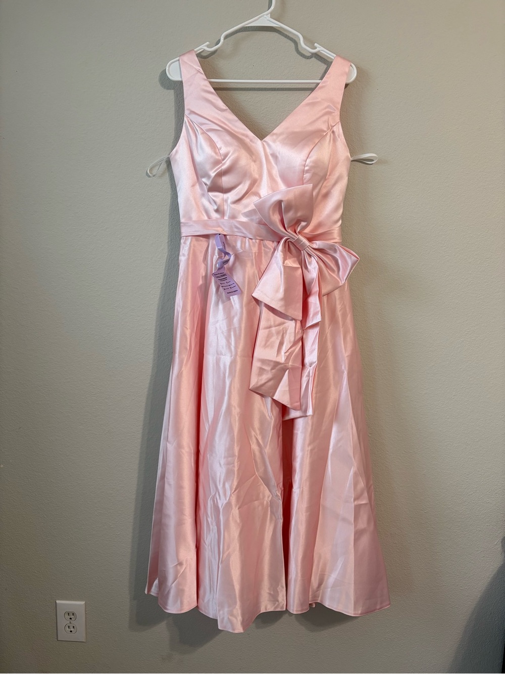 Satin V-Neck Midi Dress with Waist Bow